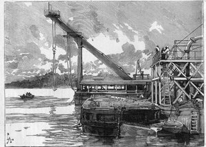 Panamakanalen fungerer. Hovedmaskiner: Bigue-pontongen. Gravering i "" Le Monde Illustré"" av Unknown artist