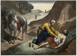Parable of the Good Samaritan - The parable of the Good Samaritan: the Samaritan stopped on his way to rescue the dying man. Anonymous engraving from the middle of the 19th century. av Unknown artist