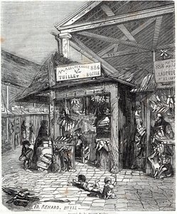 Paris 3. arrondissement - Carre de la Foret-Noire: salg av skinn og sko i Le Carreau du Temple på 1800-tallet - Gravering i "" Tableau-de-Paris"" av Edmond Texier av Unknown artist