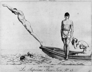 Parisisk tegneserie: svømmere, menn som dykker fra en båt - den suverene Bon-Ton, nr. 15, Musee Carnavalet av Unknown artist