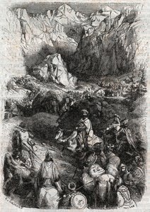 Passasje av Pyreneene av maurerne - gravering av 1851 fra "" Furious Roland"" (Orlando furioso) (1500-tallet) av Ludovico Ariosto, kjent som Ariosta - Utgave oversatt fra italiensk av greven av Tressan og utgitt av Gustave Harvard 1851 av Unknown artist