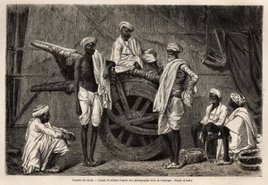 Bønder fra Scind (Punjab-regionen, India), ved siden av landbruksmaskineriet deres. Gravering for å illustrere reisen til Pandjab og Kashmir, historie av Guillaume Lejean, i 1866, publisert i "Le tour du monde, nouveau journal des voyages", under regi av Unknown artist