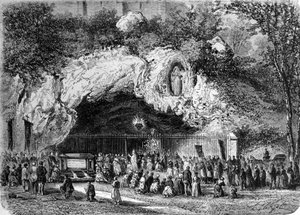 Pelerins foran den mirakuløse grotten Lourdes i de høye Pyreneene der Jomfruen viste seg for Bernadette Soubirous (1844-1879) i 1858, nåværende pilegrimssted. Gravering av 1800-tallet av Unknown artist