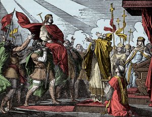 Pepin utropt til konge av frankerne - Sakra for Pepin the Brief (714-768), Basilica of Saint Denis, 28. juli 754: Pave Stefan II innviet ham til konge av frankerne og Patrice av romerne (Patricius Romanorum) av Unknown artist