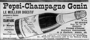 Pepsi Champagne Gonin (Pepsi-Champagne from the brand Gonin). Digestif prepare in Reims with champagne and Pepsin. Alcohol advises in case of dyspepsia, stomach cramps, gastralgia, vomiting of pregnancy, anemia... (for sale in pharmacies). Engraving in “”  av Unknown artist