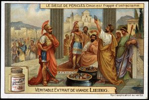 Perikles århundre (495-429 f.Kr.): statsmann og strategi Cimon (510-449 f.Kr.) blir truffet av utstøting, i 461 f.Kr. - Liebig-kromolitografi av Unknown artist