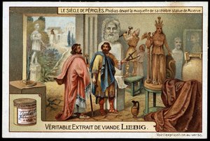 Pericles-tallet (495-429 f.Kr.): billedhuggeren Phidias (490-430 f.Kr.) foran modellen av sin berømte statue av Minerva - Liebig-kromolitografi av Unknown artist