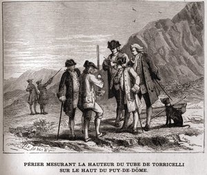 Perrier som måler høyden på barometeret (kvikksølvrør) av Evangelista Torricelli eller Torricelli på toppen av Puy-de-Dôme 20. september 1618, gravering fra 1800-tallet, Bianchetti-samlingen. av Unknown artist