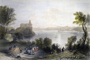 Persenberg slott i Tyskland. I forgrunnen trearbeiderne i arbeid. Gravering av 1800-tallet. av Unknown artist