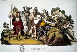 Perseus og Medusa, en av de tre Gorgonene - i Mythological Dictionary av Unknown artist