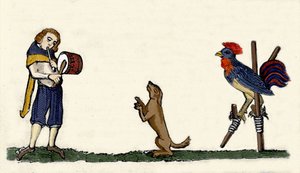 Kjæledyr trent: en hund og en hane danser på stillbilder til trommerytmen. Gravering fra et manuskript fra 1344 fra Bodleian-biblioteket i Oxford. av Unknown artist