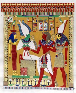 Farao Merenptah 1. (eller Mineptah, Merneptah) (1213-1204 f.Kr.) ledet av Horus i nærvær av Osiris og Athyr infernal. Fra venstre: Athyr, Osiris, Merenptah I og Horus. (Biban-el-Moluk) - i "" Monuments of Egypt and Upper Nubia"" av Ippo av Unknown artist