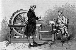 Physics experience in the 18th century: glow produced by an electric machine. (From Abbe Nollet). Engraving in “” La Nature: revue des sciences et de leurs applications aux arts et a l