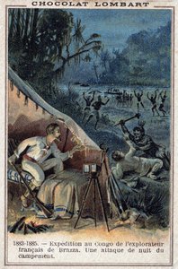 Pierre Savorgnan de Brazza (1852-1905), fransk oppdagelsesreisende, ved bredden av Kongo. Et nattangrep av leiren. av Unknown artist