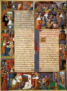 Piete-scene: "" Kong Ludvig IX (1214-1270) (Saint Louis) vasker føttene til de fattige, kongen ber og scener med kristen veldedighet fra kongen"" Miniatyr fra et manuskript "" The Book of Facts of Monsignor Saint Louis”” 1400-tallet. Paris, B.N av Unknown artist