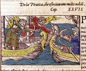 Piratkopiering ble praktisert av mange skandinaviske adelige kvinner. Gravering fra "Historia de gentium septentrionalium" av Olaus Magnus, Venezia 1567. av Unknown artist