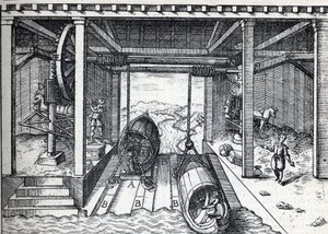 Planlegg stigning for båter på 1500-tallet på lagunene til Brenta (elven) i Nord-Italia. Gravering i "" La Nature"" av Unknown artist