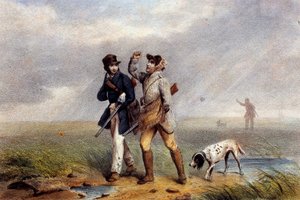 Behagelig jaktlek to jegere som snakker. Litografi av 1800-tallets Gien, jaktmuseum av Unknown artist