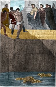 Pollion Vedius, romersk gastronom, kjent for sin grusomhet mot slavene sine. For å fange dem, ville han kaste dem levende til murene sine. En dag spiste Augustus (Caius Octavius Thurinus) hjemme hos ham, så han lagde et slaveutfelling, skyldig i å ha brutt av Unknown artist