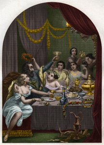 Pope Alexander VI (1431-1503) (Alessandro, Rodrigo Borgia) Rodrigue Borgia celebrates the marriage of his daughter Lucrece Borgia (Lucrezia) with 50 courtesans in the Vatican. Engraving from 1842 in “Histoire des popes: crimes, murders, poisonings, parrici av Unknown artist