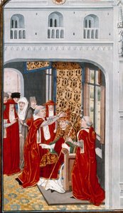 Pave Gregoire XI (1329-1378) innviet Avignon i 1370. Miniatyr fra Chronicles”” av Jean Froissart (1337-1400) 1400-tallets Paris. B.N. av Unknown artist