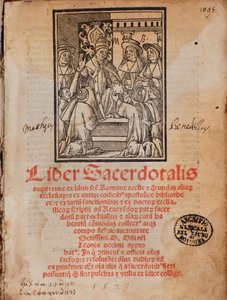 Pave Leon X mottar boken Frontispice of the liturgy book "Liber Sacerdotalis"" av Castellini av Unknown artist