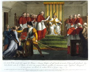 Pave Pius VII (1742 - 1823) ekskommunerte Napoleon Bonaparte 10. juni 1809. Gravering fra 1800-tallet. av Unknown artist