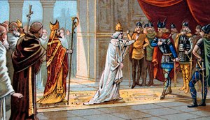 Pave Stephen II (Stephanus) ber om hjelp fra Pepin the Brief mot langobardene i 754 i Ponthion Palace - Pave Stephen II (III) ber Pepin the Short om hjelp mot langobardene i 754 av Unknown artist