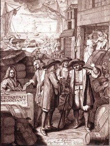 Havnehandlere snakker med hverandre. 1800-talls gravering. av Unknown artist