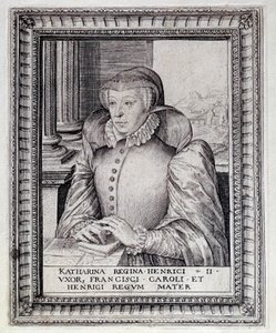 Portrett av Catherine de Medicis (Caterina de Medici) (1519-1589), dronning av Frankrike. Gravering fra 1500-tallet. Pau, Musee Du Chateau av Unknown artist