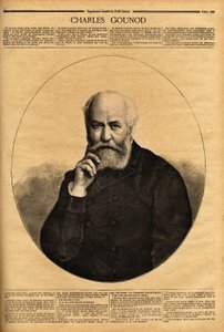 Portrett av Charles Gounod (1818-1893), en fransk komponist, kjent for sine operaer (Faust i 1859, Romeo og Juliette i 1867), han komponerte også symfonier og en rekke melodier til diktene til Alfred de Musset (1810-1857) og Victor Hugo (1802-1885). Engr av Unknown artist