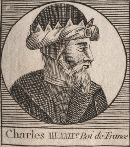 Portrett av Charles III sier den enkle (879-929) kongen av frankene - CHARLES III (879-929) - Charles den enkle - konge av Frankrike, 893-923 - gravering fra "Instruction sur l
