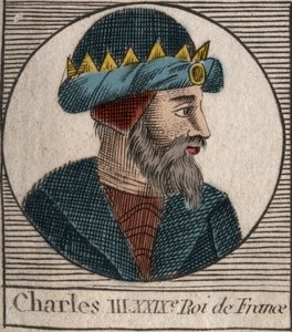 Portrett av Charles III sier den enkle (879-929) kongen av frankene - CHARLES III (879-929) - Charles den enkle - konge av Frankrike, 893-923 - gravering fra "Instruction sur l'Histoire de France" av Charles Constant Le Tellier 1821 av Unknown artist