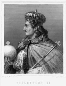 Portrett av Childebert II (v. 570 - 596), konge av Austrasia - i "Histoire des Français"" av Lavallée, gravering, sd. av Unknown artist