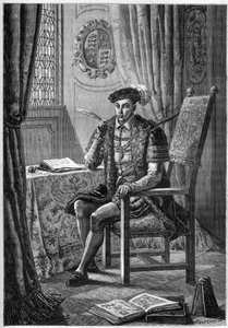 Portrett av Edward VI (1537-53) - Portrett av kong Edward VI av England og Irland (1537-1553) som skriver dagboken sin - gravering i "L