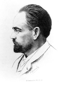 Portrett av Emile Zola av F. Desmoulin. av Unknown artist