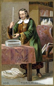 Portrett av Evangelista Torricelli eller Toricelli (1608 - 1647), italiensk fysiker med sin oppfinnelse Barometeret (kvikksølvrør). Kromolitografi fra 1800-tallet. av Unknown artist