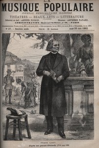 Portrett av Franz Liszt (1811-1886), ungarsk komponist, pianist og dirigent (Franz Liszt, ungarsk komponist, pianist og dirigent) gravering i "" Popular Music """ berømte ukeavis - 1882 av Unknown artist