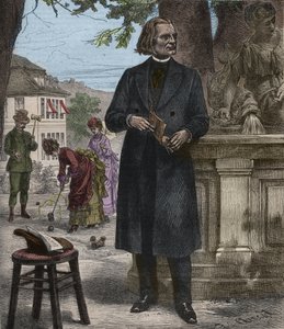 Portrett av Franz Liszt (1811-1886), ungarsk komponist, pianist og dirigent (Franz Liszt, ungarsk komponist, pianist og dirigent) gravering i "" Popular Music """ berømte ukeavis - 1882 av Unknown artist
