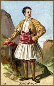 Portrett av George Gordon Noel, 6. Baron Byron, Lord Byron (1788 - 1824) kledd i gresk. Kromolitografi fra 1800-tallet. av Unknown artist