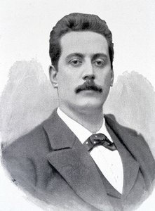 Portrett av Giacomo Puccini, italiensk komponist (1858-1924), gravering fra 1800-tallet. av Unknown artist