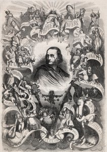 Portrett av Jacques Offenbach (1819-1880), fransk komponist og direktør for theatre des Bouffes Parisiens, omkranset av karakterer fra verkene hans - Gravering i "" Le Monde Illustré"" av Unknown artist