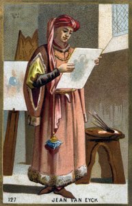 Portrait of Jan Van Eyck (1390 -1441) Flemish painter - headdress of a liripipion. Chromolithography of the 19th century. av Unknown artist