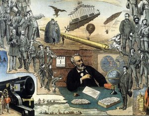 Portrett av Jules Verne og scener av verkene hans - reklameplakat for hele verkene hans av Unknown artist