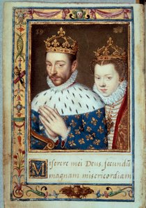 Portrett av kong Charles IX (1550-1574) og Elizabeth av Østerrike (1554-1592) Dronning av Frankrike Manuskriptside av "Timeboken av Catherine de Medicis" (Caterina de Medici) Paris fra 1500-tallet, B.N. av Unknown artist