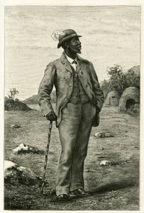 Portrett av kong Sepopo av Zambeze (dagens Sør-Afrika), kledd i europeisk stil, gravering av P. Dufour, for å illustrere historien "Au pays des Marutses", i 1875-1879, av Dr. Emile Holub (1847- 1902). Publisert i Tour du monde, 2. semester 1 av Unknown artist