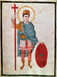 Portrett av Louis I den fromme eller Debonnaire" (778-840), konge av Frankrike"" miniatyr i "The Lauds of the Holy Cross" (eller Code of Vienna) av Rabanus Maurus Magnentius (eller Raban Maur eller Rabano Mauro) ( ca. 780-856), 830 rundt Wien, Osterreichis av Unknown artist