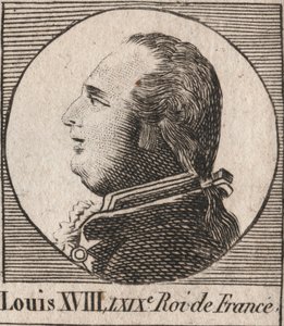 Portrett av Louis XVIII (1755-1824), med kallenavnet Desire, King of France and Navarre fra 1814 til 1815 og fra 1815 til 1824 - Louis XVIII, kjent som den Desired, konge av Frankrike - gravering fra "Instruction sur l