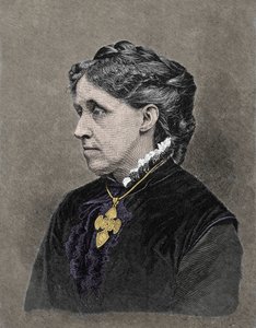 Portrett av Louisa May Alcott (1832-1888), amerikansk forfatter. 1800-talls fargegravering. av Unknown artist