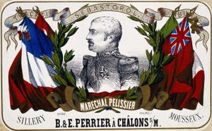 Portrett av Maréchal Pelissier på champagneetikett ""B. & E. Perrier à Chalôns sur Marne"", sd. 1800-tallet. av Unknown artist